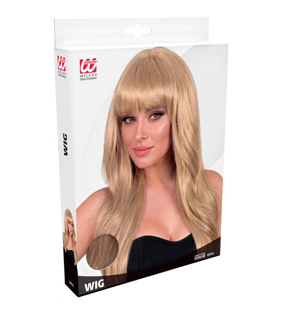Pruik beautiful blond in verpakking van Widmann met vezelstaal in goudblond
