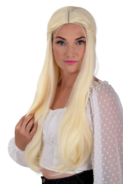 Pruik Eowyn blond met lange gladde haren, middenscheiding en losse lokken langs het gezicht