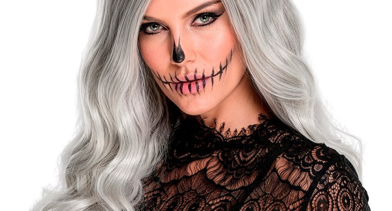 Pruik hallovogue dames grijszilver met lange golven en middenscheiding voor Halloween