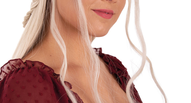 Pruik Queen Dainerys lang met vlechten in platinablond, ingevlochten banen langs het hoofd, voor fantasyfeest