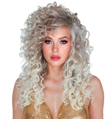 Pruik supercurls dames met volle blonde krullen tot over de schouders, voor een jaren 80-feest
