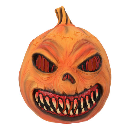 Pumpkin monster hoofdmasker van voren met steel, dichtgenaaide naad en grijnzende tandenrij
