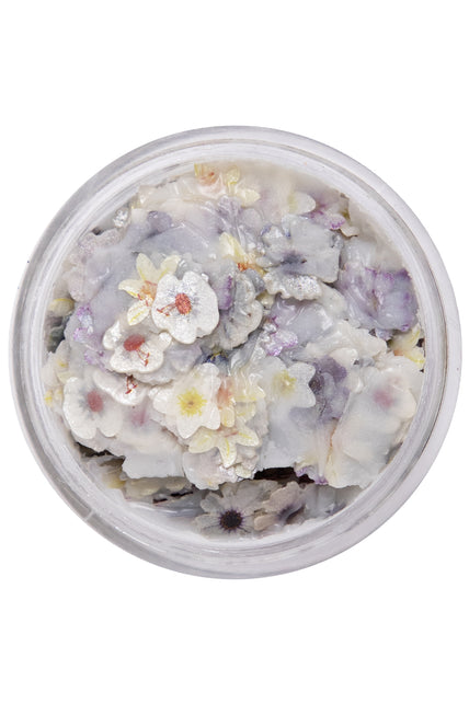 PXP gedroogde bloemetjes in wax in een rond potje, witte en paarse bloemvormen