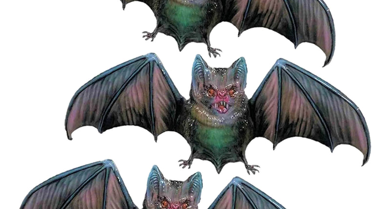 Raamstickers vleermuis 3D, drie stickers met paarsgroene vleugels en rode ogen voor Halloween