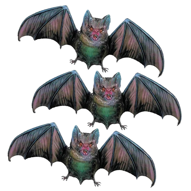 Raamstickers vleermuis 3D, drie stickers met paarsgroene vleugels en rode ogen voor Halloween