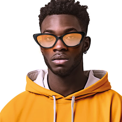 Rapper bril zwart met oranje getinte glazen, gedragen bij een hiphoplook voor een foute party