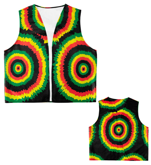 Rasta vest voor- en achterpand plat gelegd, zwart polyester met tie-dyecirkels en witte binnenkant