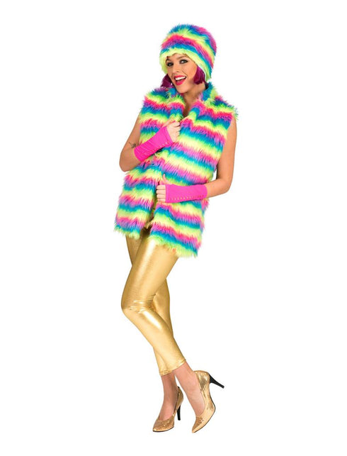 Regenboog bodywarmer voor dames, pluizig mouwloos vest met roze, blauwe en geelgroene strepen, voor een Pride party