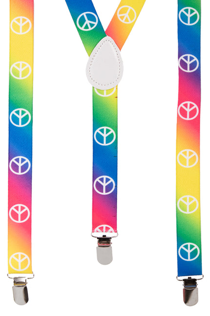 Regenboog bretels peace met witte peacetekens, Y-model en drie zilverkleurige clips