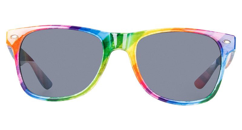 Regenboog bril donker glas met kleurverloop in het montuur en donkere glazen, vooraanzicht