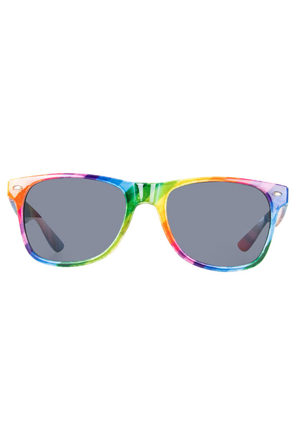 Regenboog bril donker glas met kleurverloop in het montuur en donkere glazen, vooraanzicht