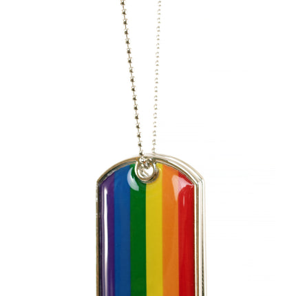 Regenboog dogtag hanger in close-up, zes gekleurde banen met zilverkleurige rand voor Pride