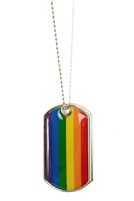 Regenboog dogtag hanger in close-up, zes gekleurde banen met zilverkleurige rand voor Pride