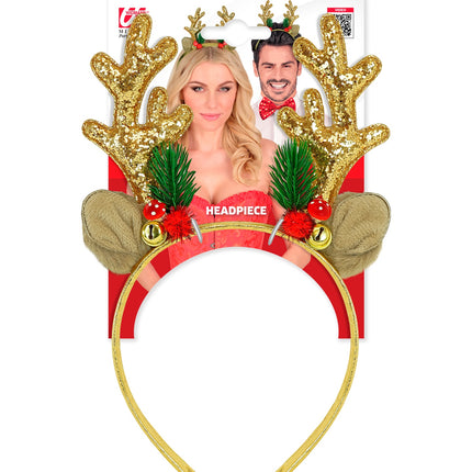 Rendier hoofddeksel glitter goud op verpakkingskaart met gouden glittergewei voor Kerst