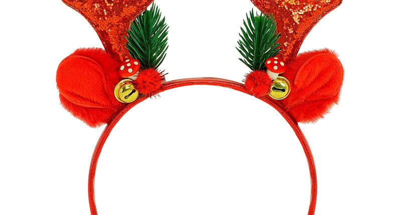 Rendier hoofddeksel glitter rood met rood glittergewei, plush oren, kersttakjes en gouden belletjes