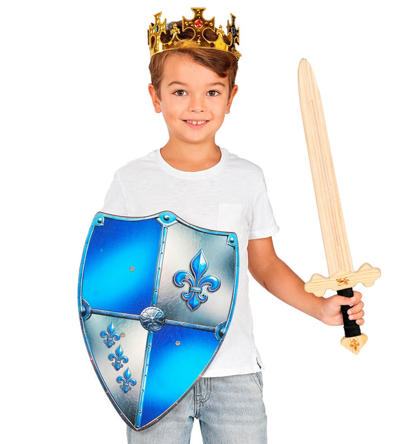 Ridderschild fleur-de-lis in blauw en zilver, gedragen door een jongen in koningslook