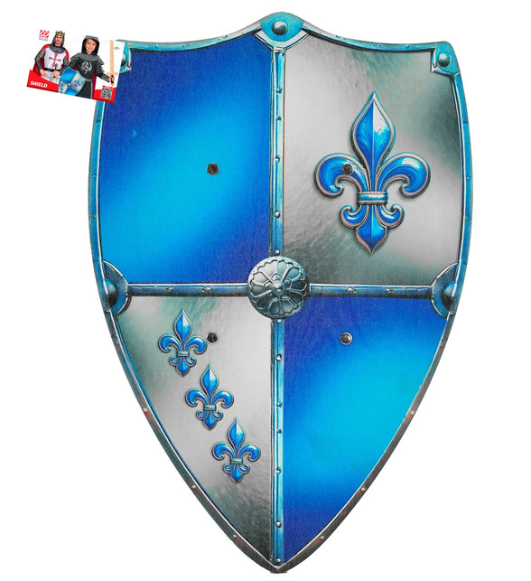 Ridderschild fleur-de-lis blauw zilver met grote lelie en rozet in het midden, kinderaccessoire