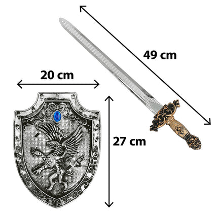 Ridderset maten: schild 27 x 20 cm en zwaard van 49 cm met bronskleurig gevest