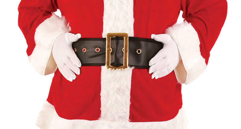Riem Kerstman in zwart met goudkleurige gesp over een rood kerstmanpak met witte bontrand