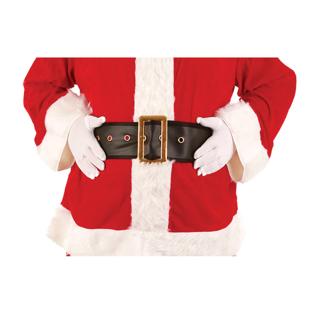 Riem Kerstman in zwart met goudkleurige gesp over een rood kerstmanpak met witte bontrand