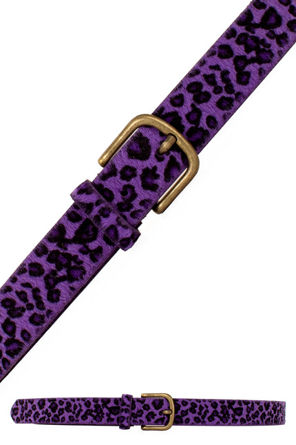 Riem panter paars met zwarte luipaardprint en bronskleurige gesp, smal model voor een foute party