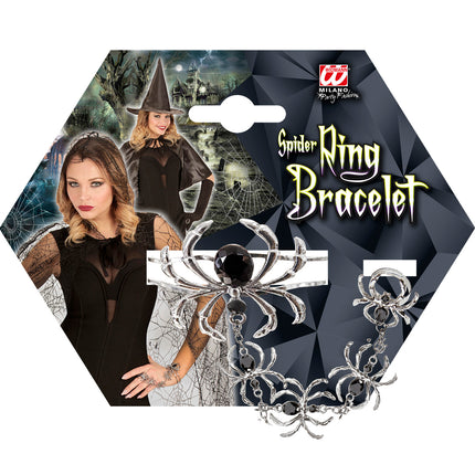 Ring armband spinnen halloween op verpakking van Widmann met close-up van de spinnen