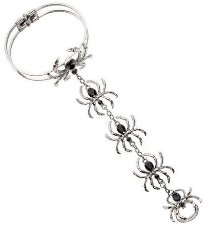 Ring armband spinnen halloween in zilverkleurig ijzer met vijf spinnen en zwarte steentjes aan kettinkjes