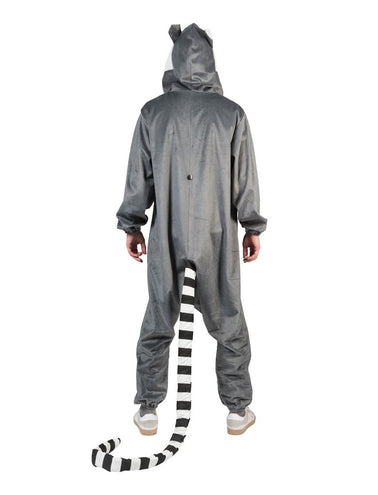 Ringstaartmaki onesie achterzijde, grijze stof met elastische boorden en staart tot op de grond