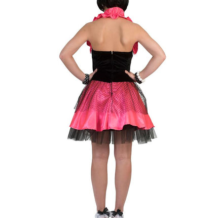 Rock'n Roll jurk roze achterkant met zwart rugpand en sluiting onder de nekstrik