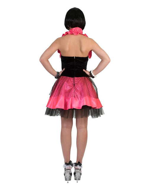 Rock'n Roll jurk roze achterkant met zwart rugpand en sluiting onder de nekstrik