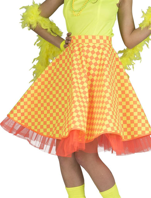 Rock en roll rok Jasmijn dames met geel-oranje ruitprint en oranje tule zoom voor een jaren 50-feest