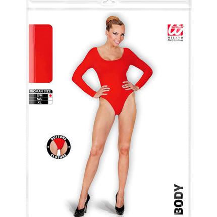Rode body met lange mouwen en knoopsluiting in de verpakking met damesmaten S/M, M/L en XL