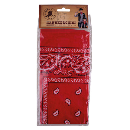 Rode cowboy bandana in verpakking van Funny Fashion met paisleymotief in wit en zwart