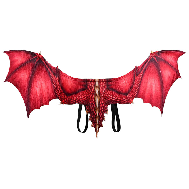 Rode drakenvleugels uitgespreid, 95 x 45 cm, met geprinte drakenrug en twee zwarte elastieken armlussen
