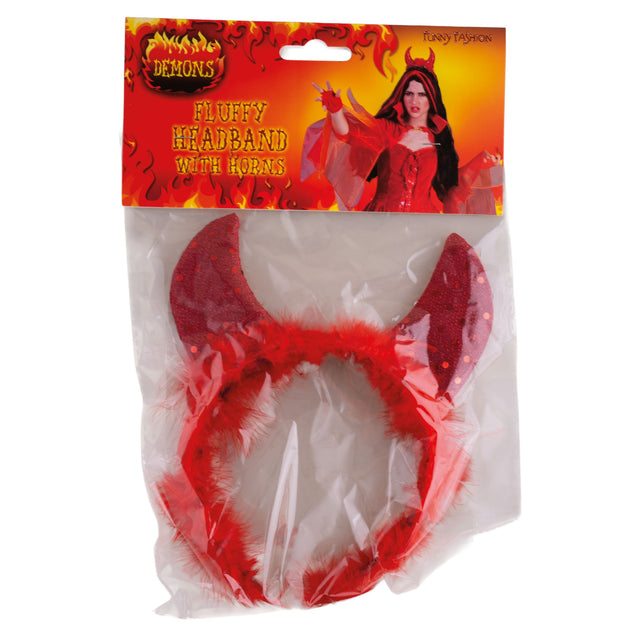 Rode duivel hoorn diadeem met marabou in de verpakking van Funny Fashion
