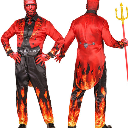 Rode duivelsjas met zwarte broek met vlammen en masker met hoorns, gedragen door heer