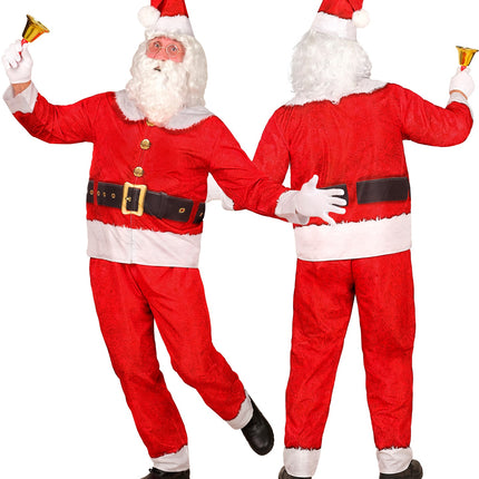 Rode kerstmanjas met witte kraag en brede witte onderrand, gedragen met puntmuts