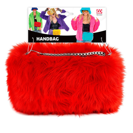 Rode pluche handtas in verpakking met kettinghengsel over de bovenrand