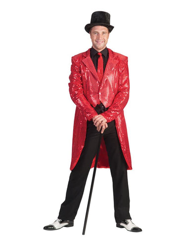Rode slipjas deluxe met felrode pailletten en lange panden achter, voor heren tijdens carnaval