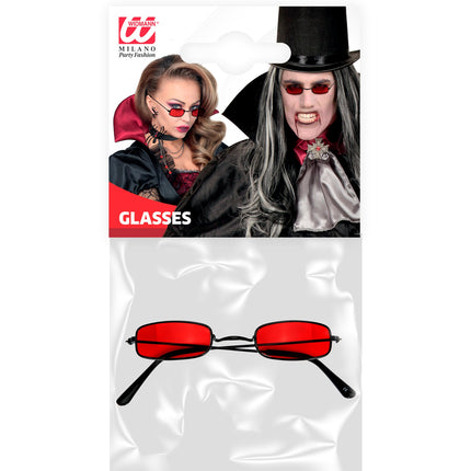 Rode vampieren bril in verpakking met zwarte ijzeren poten, voor Halloween