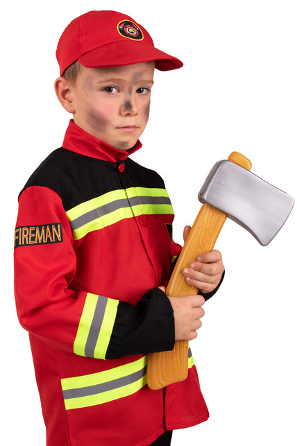 Rood brandweerjasje met FIREMAN-opdruk op de mouw en fluorgele reflectiestrepen