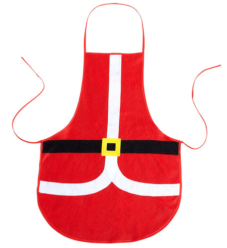 Rood kerstschort los gefotografeerd met nekkoord, lange strikbanden en zwarte band met gele gesp