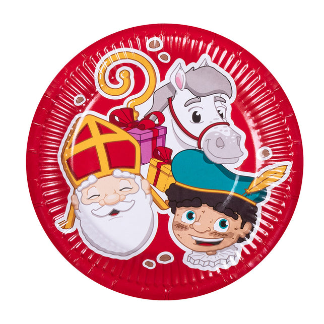 Rood sinterklaasbordje van papier met geribbelde rand en tekening van Sint en Piet