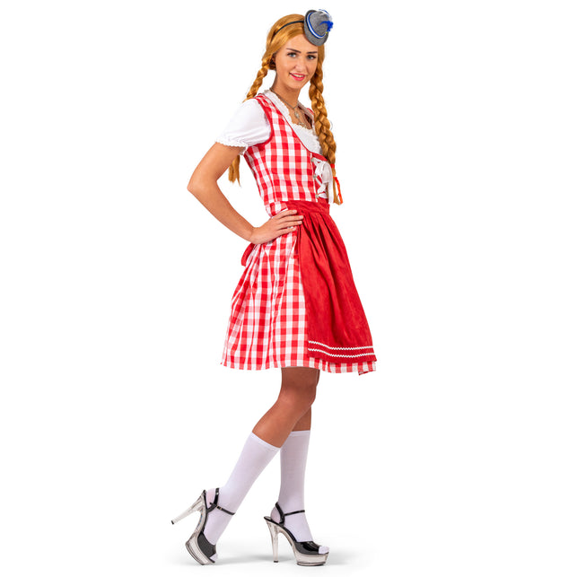 Rood-wit geruite dirndl Tiroolse Odette met rijgveter en edelweissdetails op het lijfje