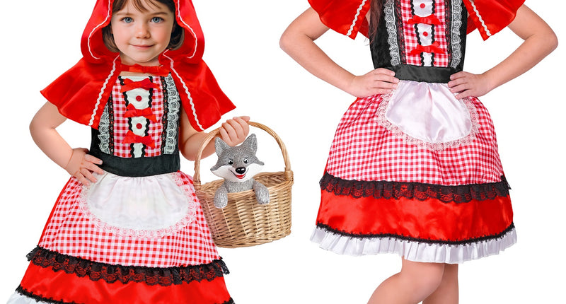 Roodkapje kostuum Loes kind in twee maten, rood-wit geruite jurk met schortje en rode cape met capuchon