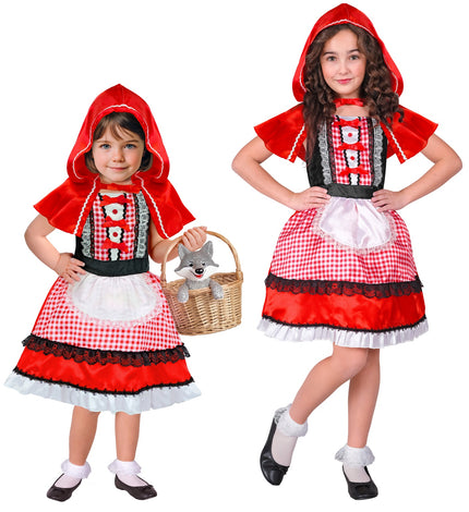 Roodkapje kostuum Loes kind in twee maten, rood-wit geruite jurk met schortje en rode cape met capuchon