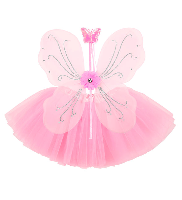 Roze fee vleugels met bloem en steentje boven de tule tutu, achterzijde