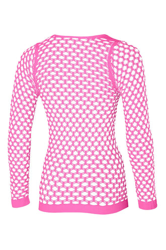 Roze netshirt dames van achteren, grote mazen tot in de lange mouwen