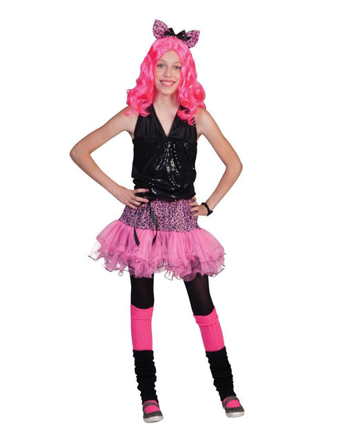 Roze Panter tiener pak met tutu van roze tule en panterprint tailleband, met hoofdband met strik