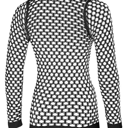 Rugpand van het zwarte visnet shirt dames met grote ovale mazen
